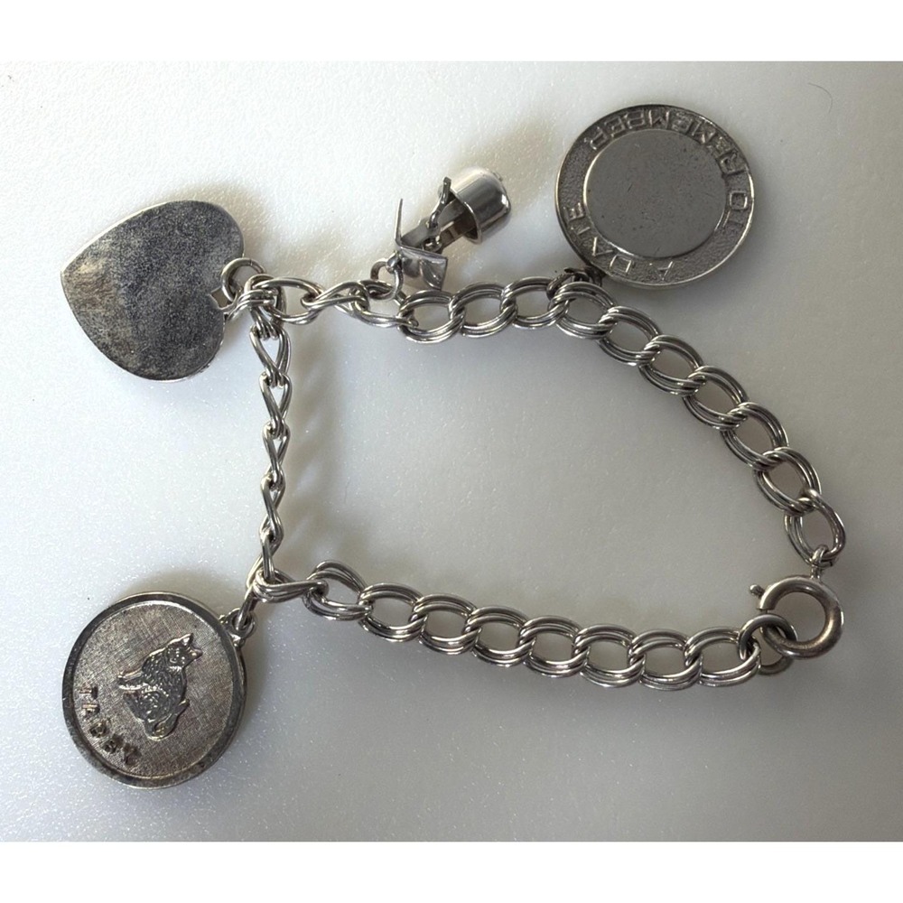 Vtg Danecraft Sterling Bracelet 4 Sterling Charms Wishing Well Heart Tabby Cat